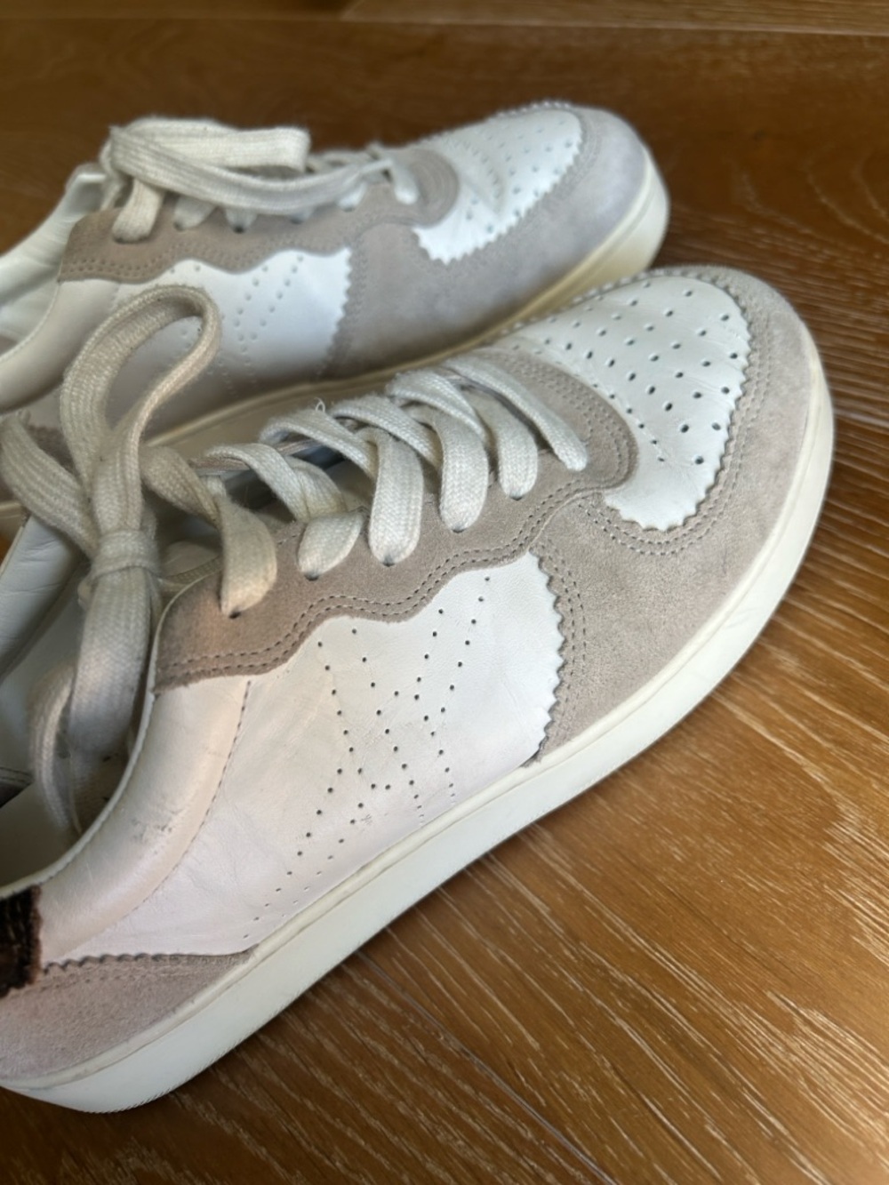 Veronica Beard Lennox White Leather and Taupe Suede-Trim Sneakers -Leopard Print - Picture 3 of 11